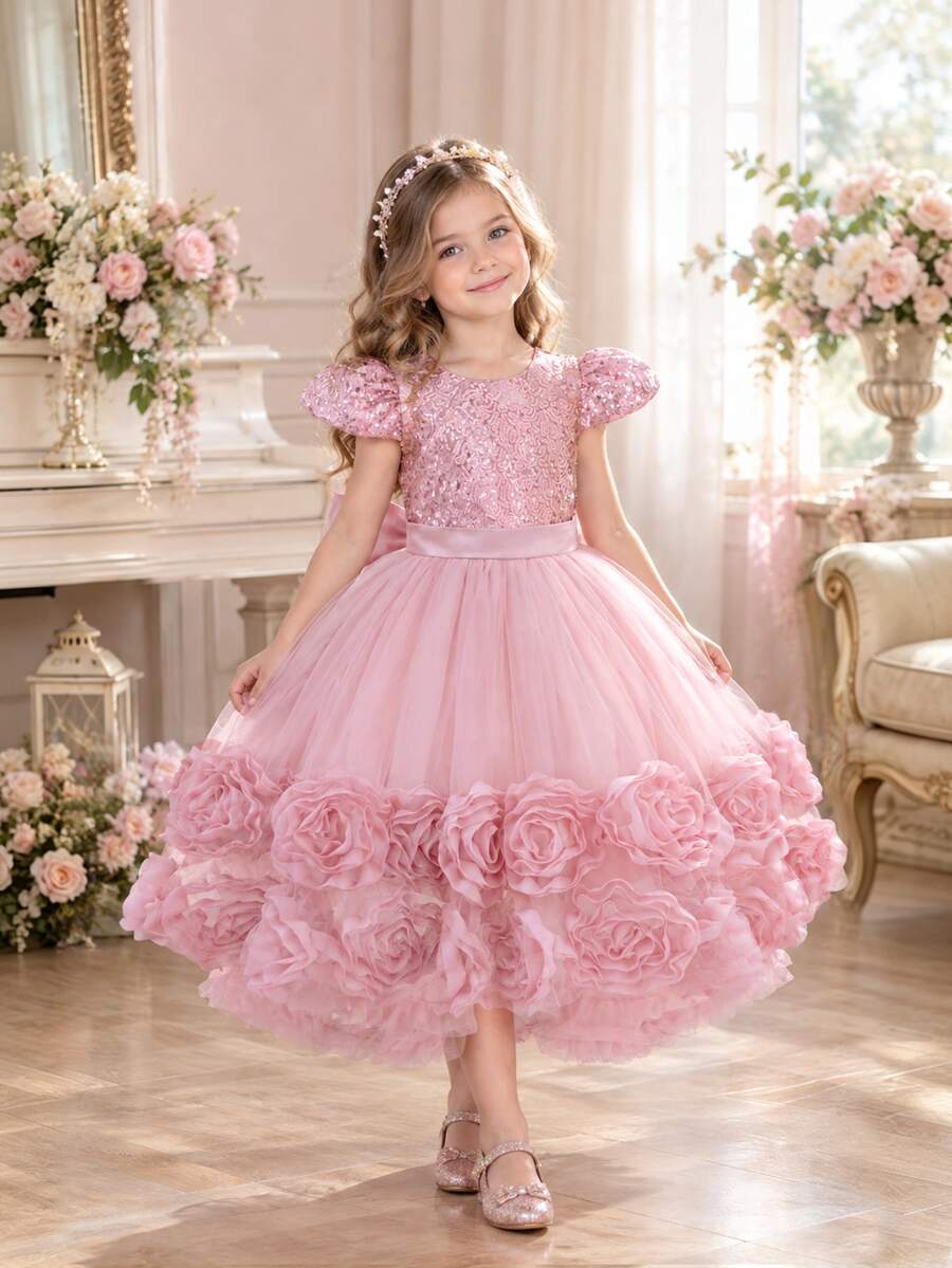 SHEIN Glamorique Kids 女童聖誕老人禮服,新年派對穿搭,鋼琴演奏表演用薄紗蝴蝶結露背荷葉邊公主長裙,派對穿著皇家藍女童洋裝 - 藕粉色 - 查看 1