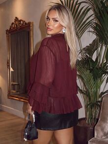 Auralis Plus Size Women's Burgundy Loose Fashion Ruffle Hem Simple Daily Vacation Outfit Blouse Top - Brown - View 2