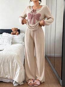 Napfluff Women's Casual Ribbed Knit Front Tie Bow Embroidered Loungewear Pajama Set - Apricot - View 1