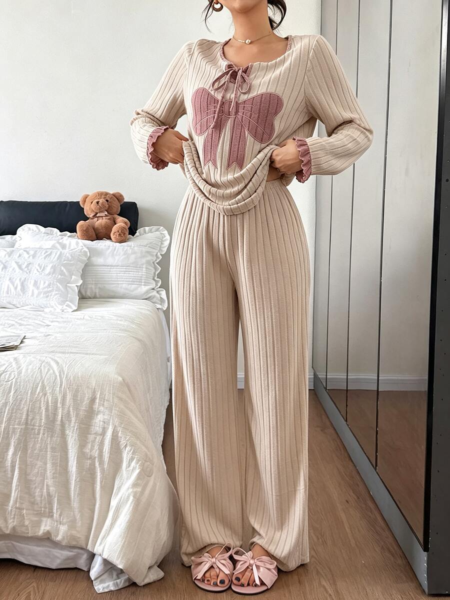 Napfluff Women's Casual Ribbed Knit Front Tie Bow Embroidered Loungewear Pajama Set - Apricot - View 1