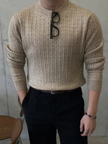DAZY Autumn/Winter Khaki Cable Knit Fitted Crew Neck Ribbed Cuff & Hem Korean Style Men's Sweater - Khaki - View 8