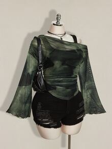 SHEIN ICON Women's Plus Size Asymmetrical Neckline Top - Dark Green - View 6