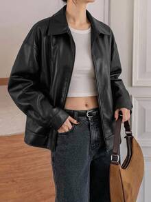 DAZY Lapel Zipper Loose Fit Versatile BF Style Motorcycle Leather Jacket Long Sleeve - Black - View 5