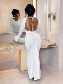 BamGleam Feather Cuff Long Sleeve Bodycon High-End Elastic Long White Base Layer Dress - White - View 2