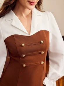 Vintamour Women's Lapel Contrast Color Patchwork Napoleon Style Double-Breasted Waist-Cinched Slimming Long Sleeve Top - Brown - View 6