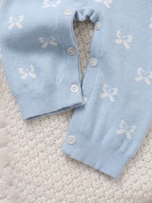 SHEIN Newborn Baby Girl Crawler Romper, Knitted One-Piece, Short Sleeves, Leopard Print, Fashionable Jumpsuit, Soft And Comfortable, Suitable For Autumn/Winter, Outing - Blue - View 5