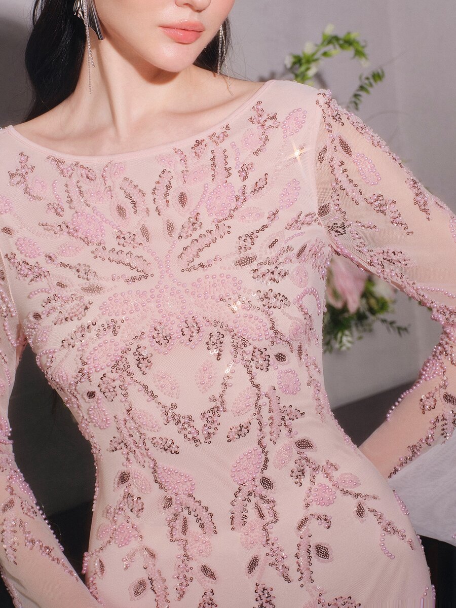 Anewsta Affair [Random Cut]Round Neck Long Sleeve Backless Tie Waist Sequin Elegant Dress - Pink - View 1