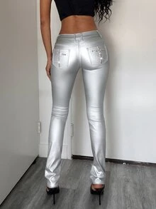 Jeanoix 1pc Slant Pocket PU Leather Pants - Silver - View 7