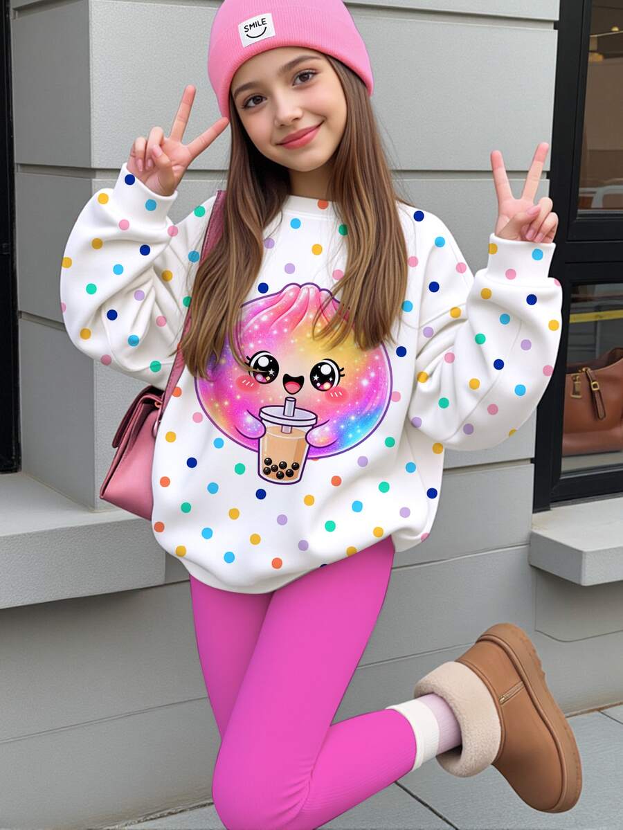Tween女孩休閒可愛趣味擠壓玩具髮髻圖案、亮片、水鑽髮髻、彩色波點印花、甜奶油風圓領長袖衛衣與緊身褲2件套,適合秋冬,舒適女孩套裝,Y2K,Kawaii - 彩色 - 查看 1