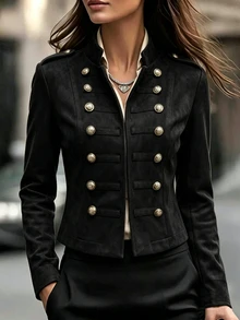 SHEIN Franclia Women Fall Winter Faux Suede Military Cropped Jacket Stand Collar Double Breasted Gold Button Shoulder Epaulets Vintage Open Front Short Coat Outerwea - Black - View 3