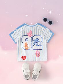 SHEIN X Care Bears 女童字母卡通印花休閒日常短袖T恤 - 藍色 - 查看 2