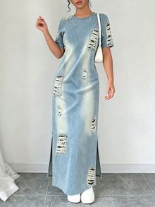 Elenzga Plus Size Women's Round Neck Split Hem Solid Color Short Sleeve Dress Maxi Women Outfit - Multicolor - View 3