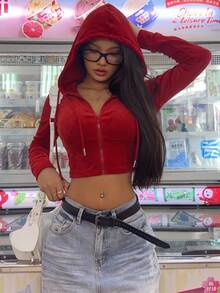 SHEIN EZwear 女款修身拉鍊運動衫，秋冬款，紅色 - 紅色 - 查看 4