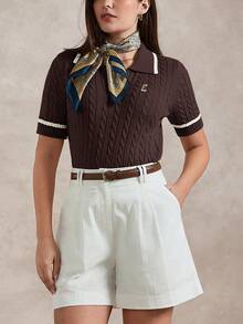 Briarwyn Women's Cartoon Bear Pattern Collared Short Sleeve Knit Top - Brown - View 4