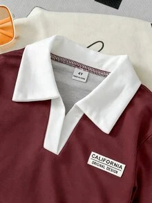 SHEIN Elladie kids 女童 2 件組復古美式學院風紅白色上衣與寬腿褲套裝，休閒秋季長袖圓領套裝，7 歲生日秋季穿搭 - 酒紅色 - 查看 6