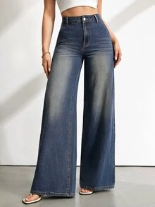 SHEIN Tall جينز نسائي فضفاض متعدد الاستخدامات بأزرار وجيوب - أزرق متوسط - مشاهدة 8