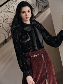 Anewsta Modern Retro Style Lantern Sleeve Random Floral Print Collar Silk Bow Design Fabric Women's Blouse - Black - View 6