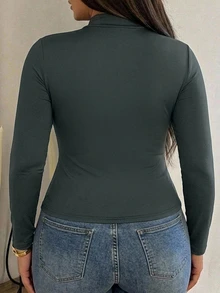 Dazy Plus Solid Color Slim Fit Minimalist Sports Casual Long Sleeve Zip-Up T-Shirt - Dark Grey - View 4