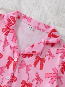 Tween Girl Allover Bow Print Pajamas Set - Pink - View 5