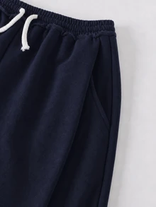 SHEIN Tween女孩寬鬆抽繩口袋寬腿運動長褲，淺灰色冬季款 - 藍色 - 查看 4