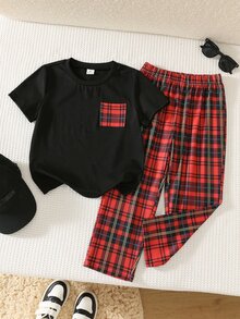 SHEIN 兒童小男孩可愛休閒針織拼色格紋長袖居家服套裝 - 彩色 - 查看 1