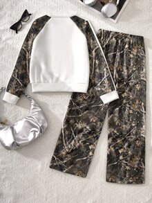 SHEIN Sparklyn 女童 2 件組落肩袖衛衣套裝，圓領衛衣，適合秋冬，保暖內裡，加厚毛茸茸，寬腿鬆款長褲，適合上學、通勤、戶外活動與休閒穿著 - 綠色 - 查看 2