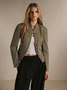 Poéselle Women's Autumn/Winter Studded Asymmetrical Hem Fitted Blazer - Mocha Brown - View 9