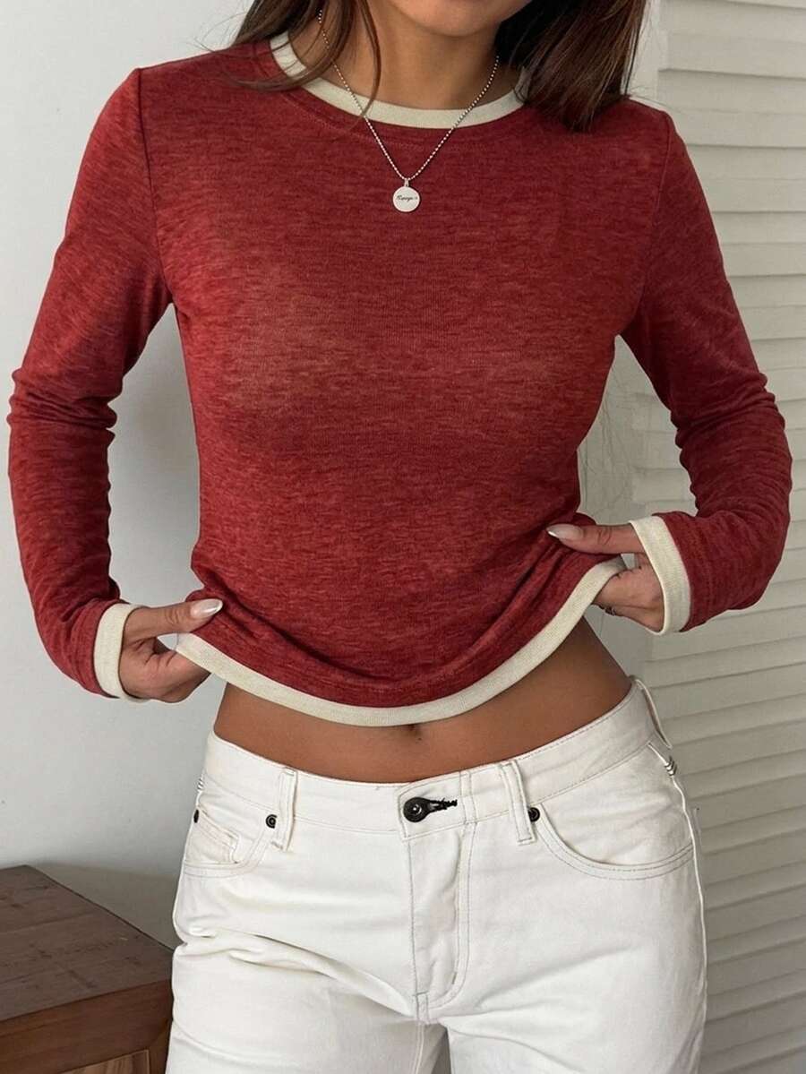 DAZY 女款拼接撞色假兩件式圓領長袖休閒街頭度假風春秋打底T恤 - 酒紅色 - 查看 1
