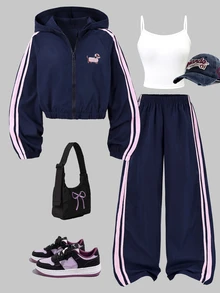 SHEIN 3件套女童套裝，甜酷韓系休閒風，適合校園出遊日常春/秋穿搭，粉色豹紋數位印花拼色拼接，蝴蝶結刺繡連帽外套＋細肩帶寬腿褲套裝 - 藍色 - 查看 6