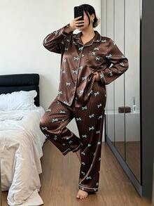 Napfluff CURVE Napfluff CURVE Bowknot Striped Faux Silk Lapel Plus Size Women's Pajama Set - Coffee Brown - View 3