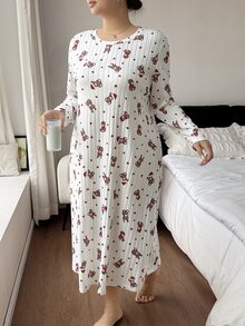 Napfluff CURVE Napfluff CURVE Cute Christmas Hat & Teddy Bear Print Skin-Friendly Fleece Ribbed Crew Neck Long Sleeve Plus Size Nightgown - White - View 1