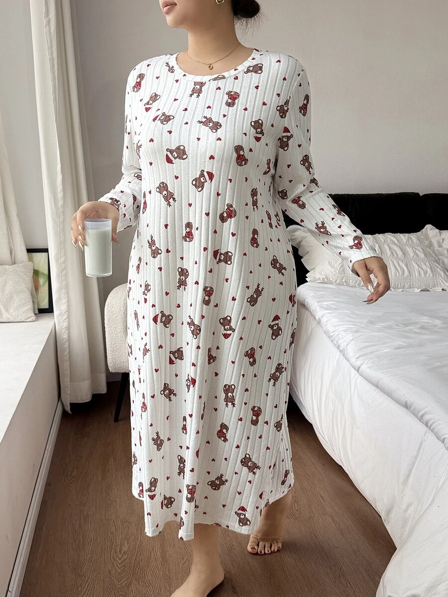 Napfluff CURVE Napfluff CURVE Cute Christmas Hat & Teddy Bear Print Skin-Friendly Fleece Ribbed Crew Neck Long Sleeve Plus Size Nightgown - White - View 1