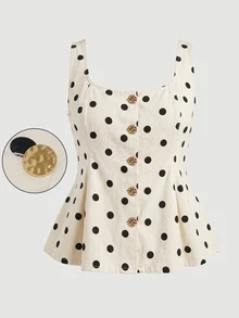 SHEIN MOD Plus Size Women's Polka Dot Print Metal Single-Breasted Sleeveless Denim Top - Multicolor - View 1
