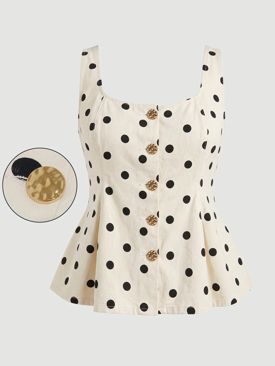 SHEIN MOD Plus Size Women's Polka Dot Print Metal Single-Breasted Sleeveless Denim Top - Multicolor - View 1
