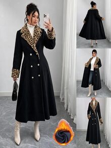 Elenzga Plus Size Women's New Leopard Print Patchwork Solid Color Wool Blend Mid-Length Coat, Autumn/Winter Overcoat, Fashion Coat, Mid-Length Coat, Overcoat - Black - View 7