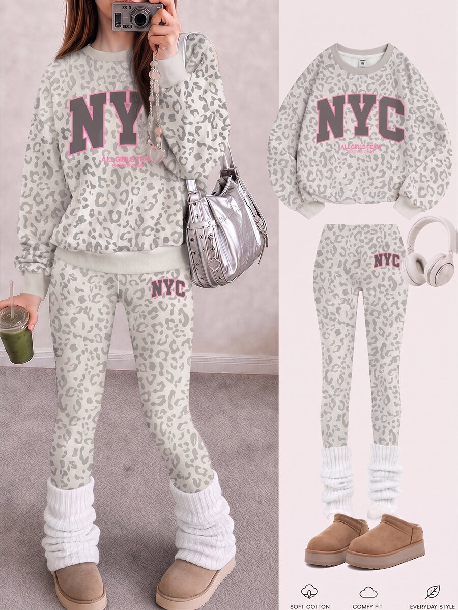 灰粉色調時尚豹紋運動風拼色 NYC 字母圖案女童休閒套裝,柔軟舒適寬鬆圓領套頭衛衣+緊身褲 2 件組,適合秋冬日常、街頭風、甜酷開學穿搭、美式高街慵懶休閒時尚 - 白色 - 查看 1