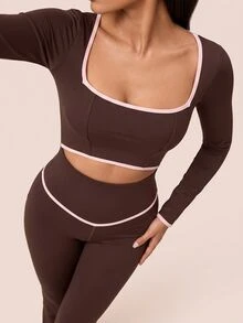 SHEIN BAE Women's Square Neck Trim Waist Cutout Long Sleeve Sports Jumpsuit - Coffee Brown - View 6