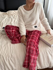 Napfluff Set Piyama Wanita Flanel Modis Minimalis Motif Kotak-kotak 2 Potong - MultiWarna - View 5