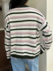Autumina Women's Gentle Style Contrast Color Striped Cardigan Sweater, Autumn/Winter - Multicolor - View 2