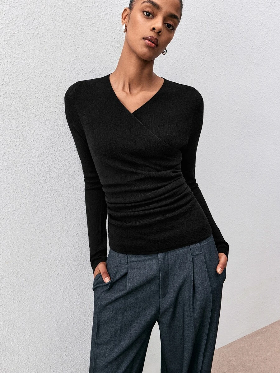 ATUI Studio Women's New Wrap V-Neck Slim Fit Ribbed Knit Long Sleeve Ruched Waist Cropped Wool Sweater, All Seasons - Black - View 1