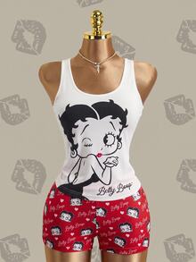 Betty Boop x SHEIN 女款角色印花無袖背心與短褲睡衣兩件套 - 紅白色 - 查看 1