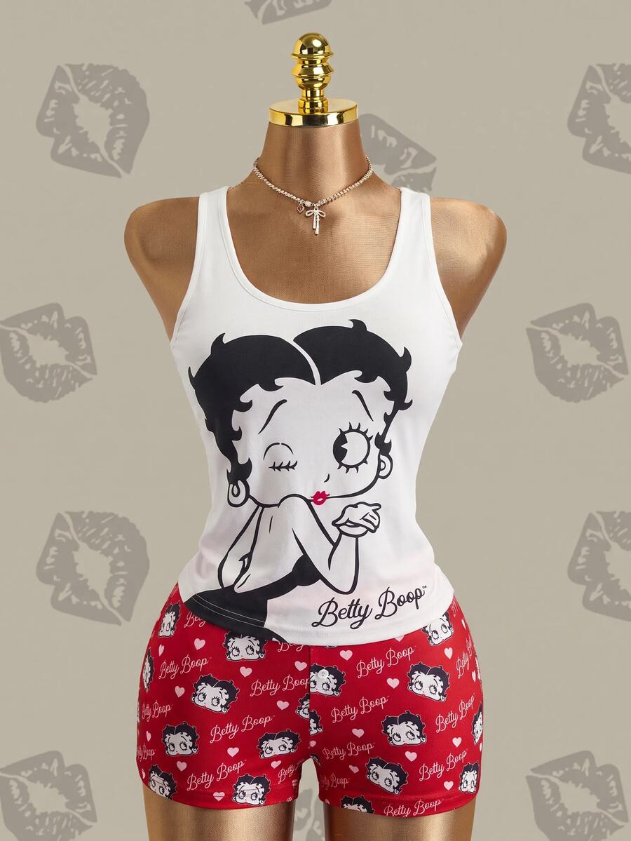 Betty Boop x SHEIN 女款角色印花無袖背心與短褲睡衣兩件套 - 紅白色 - 查看 1