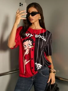 Betty Boop x SHEIN تي شيرت نسائي بأكمام قصيرة مطبوع عليه حروف رسومية - الأحمر - مشاهدة 7