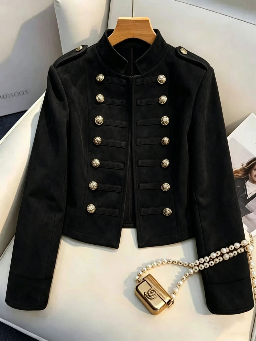 SHEIN Franclia Women Fall Winter Faux Suede Military Cropped Jacket Stand Collar Double Breasted Gold Button Shoulder Epaulets Vintage Open Front Short Coat Outerwea - Black - View 1