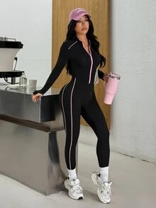 Muchica Women's Long Sleeve Zip-Up Casual Sports Jumpsuit - Black - View 5