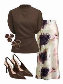 SHEIN Clasi Women's Solid Color Stand Collar Batwing Short Sleeve Blouse And Mermaid Skirt Elegant 2 Pieces Set - Coffee Brown - View 1
