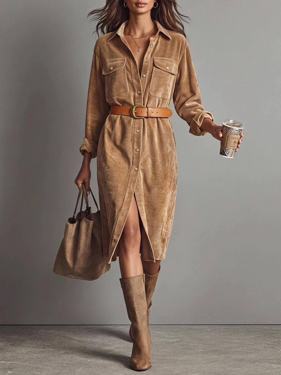 SHEIN LUNE Plus Size Fashion Button Long Sleeve Pocket Vacation Dress - Camel - View 1