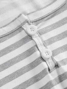 SHEIN 青少年女孩睡衣 簡約灰白條紋印花長袖T恤與長褲2件套，適合日常舒適穿著，秋季穿搭，舒適保暖 - 淺灰色 - 查看 5