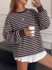 Muvela Women's Brown Striped Long Sleeve T Shirt Crew Neck Round Neck Casual Loose Fit Ribbed Cuff Drop Shoulder Stripe Tee Top Fall Winter Layering Blouse - Multicolor - View 8