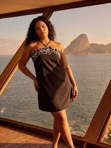 CAJUNI Cute Embroidery Flower Plus Size Short Dress - Black - View 3